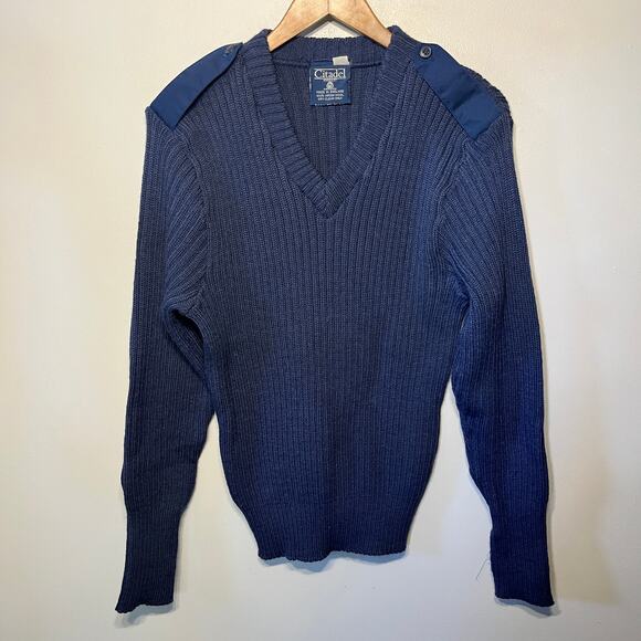 Citadel VTG Navy Blue Ribbed Knit Virgin Wool Military Pullover V Neck Mens 42/L - Picture 1 of 8